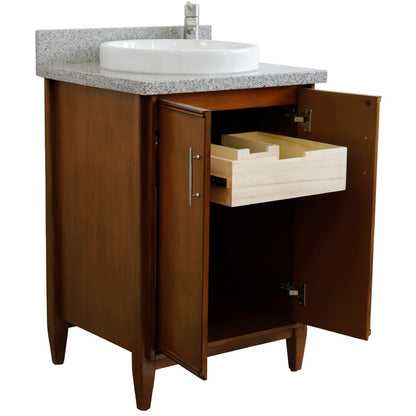 25" Single sink vanity in Walnut finish with Gray granite and round sink