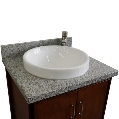 25" Single sink vanity in Walnut finish with Gray granite and round sink