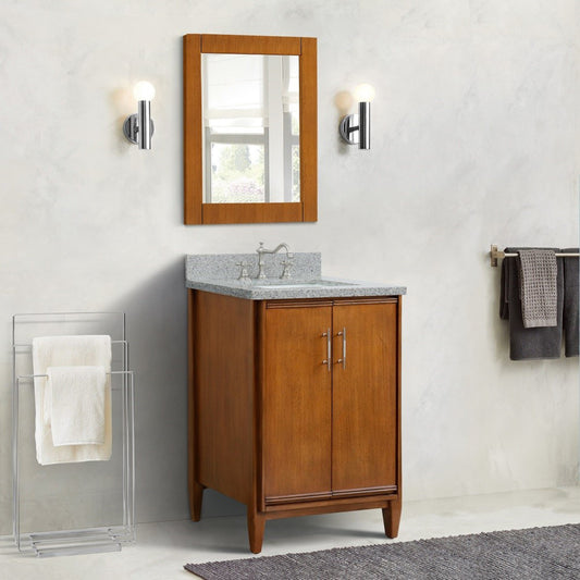 25" Single sink vanity in Walnut finish with Gray granite and rectangle sink