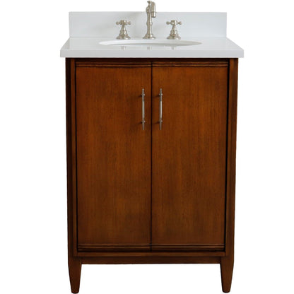 25" Single sink vanity in Walnut finish with White engineered stone and oval sink