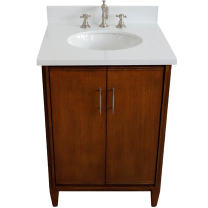 25" Single sink vanity in Walnut finish with White engineered stone and oval sink