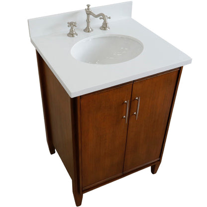 25" Single sink vanity in Walnut finish with White engineered stone and oval sink