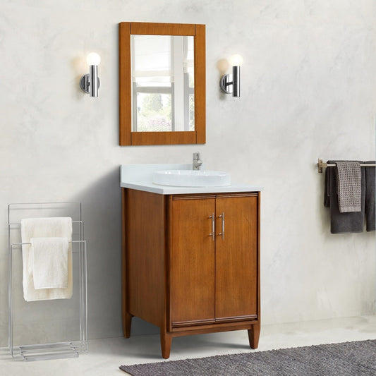 25" Single sink vanity in Walnut finish with White engineered stone and round sink