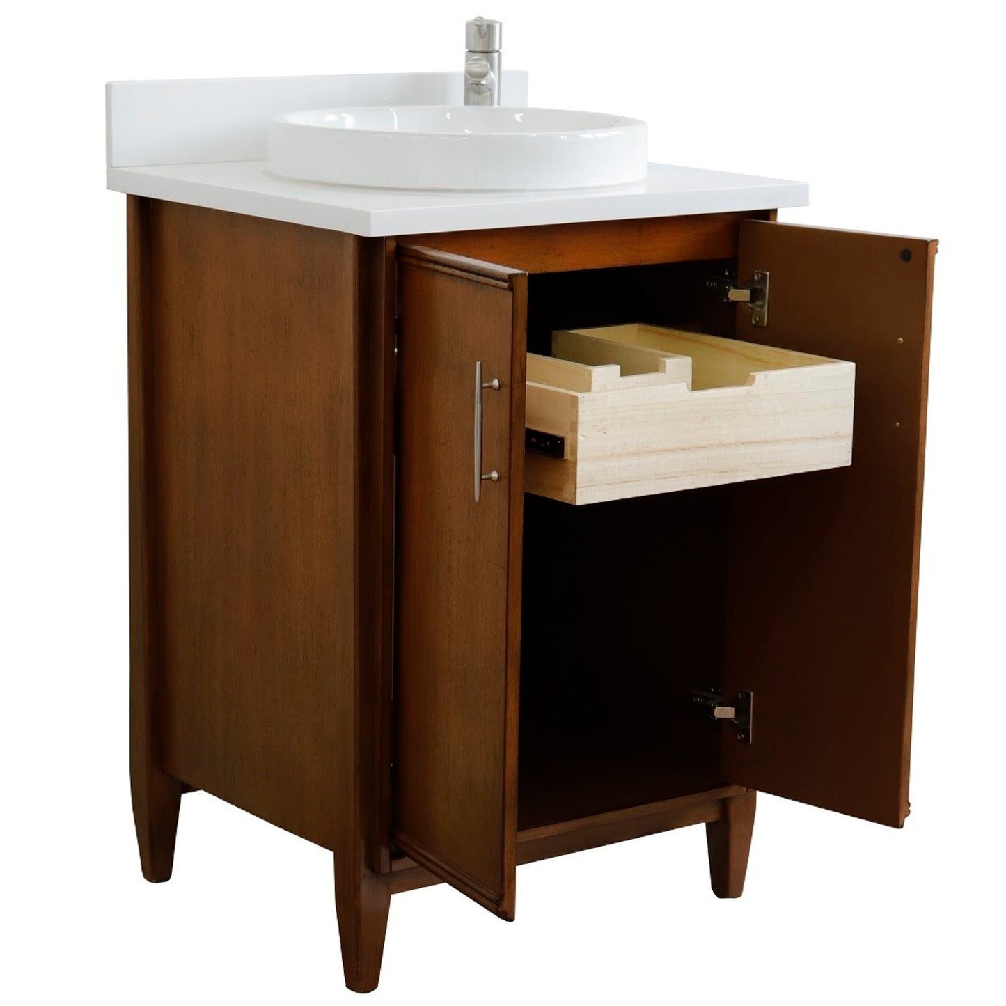 25" Single sink vanity in Walnut finish with White engineered stone and round sink
