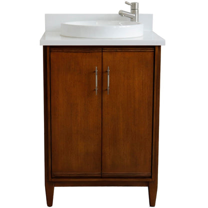 25" Single sink vanity in Walnut finish with White engineered stone and round sink