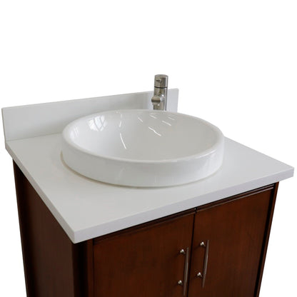 25" Single sink vanity in Walnut finish with White engineered stone and round sink