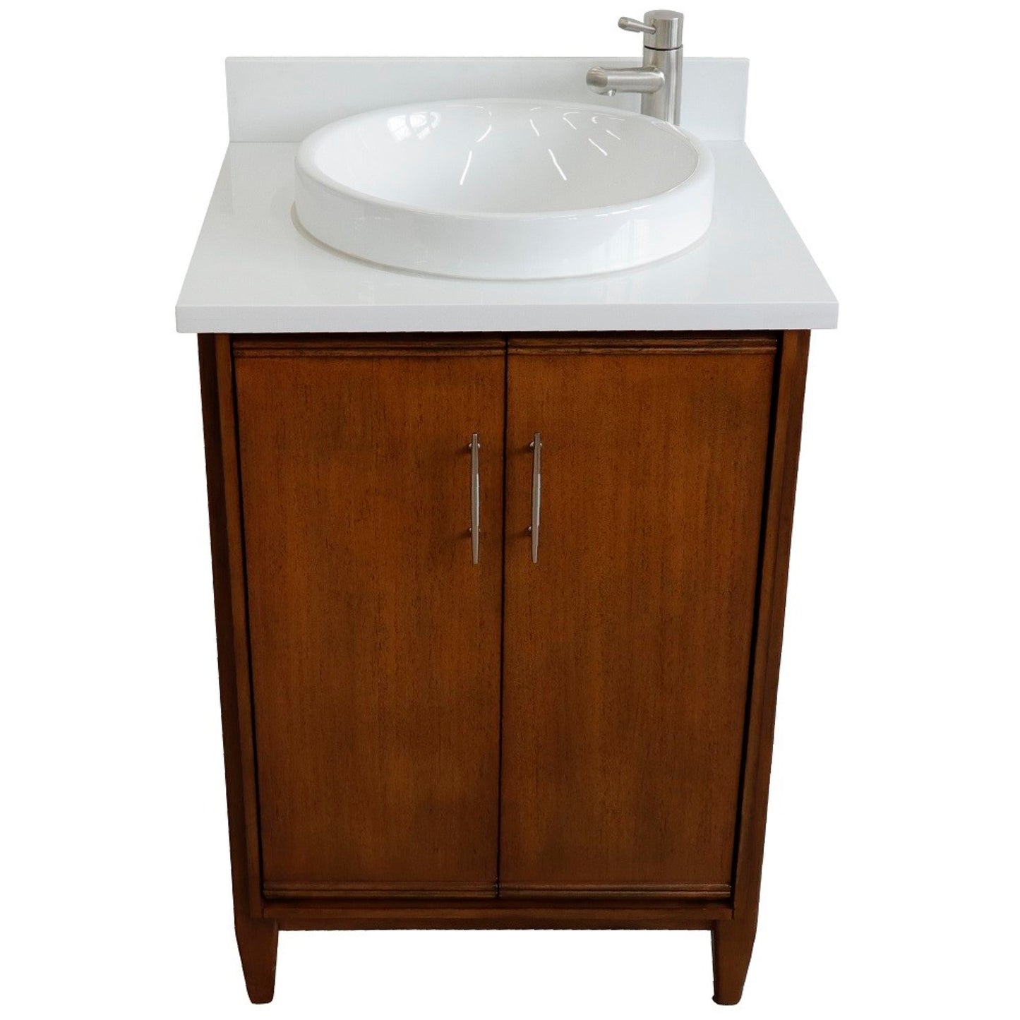 25" Single sink vanity in Walnut finish with White engineered stone and round sink