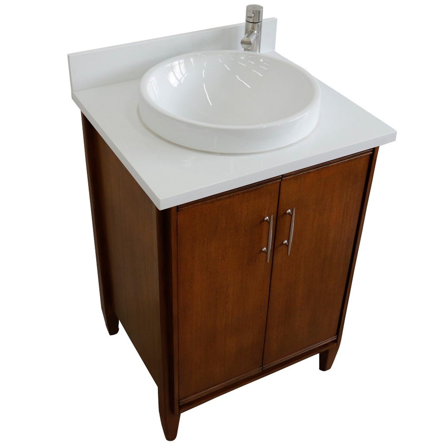 25" Single sink vanity in Walnut finish with White engineered stone and round sink