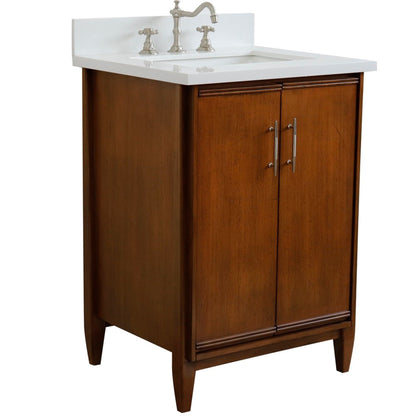 25" Single sink vanity in Walnut finish with White engineered stone and rectangle sink