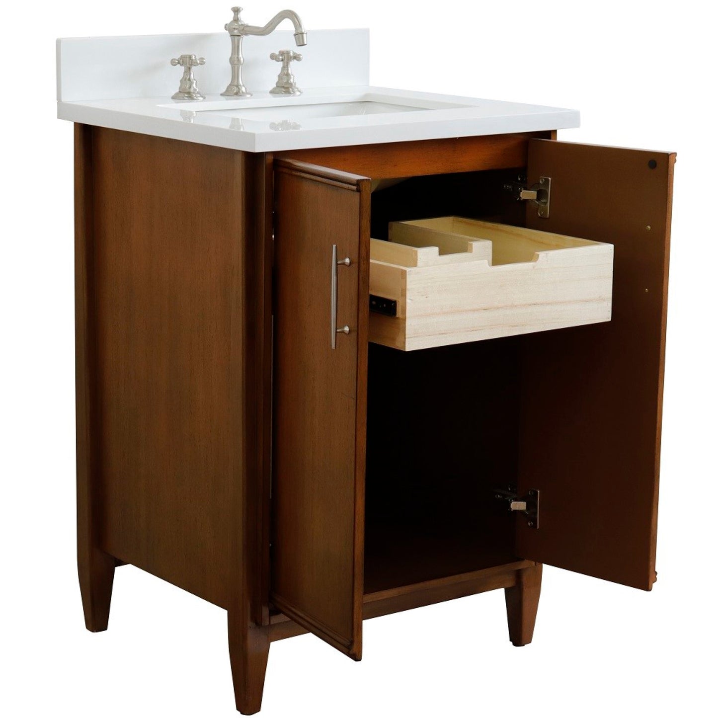 25" Single sink vanity in Walnut finish with White engineered stone and rectangle sink