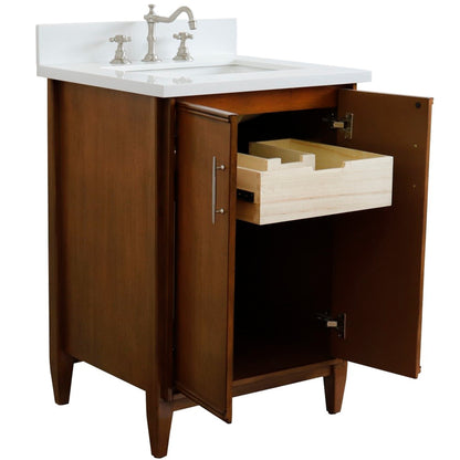 25" Single sink vanity in Walnut finish with White engineered stone and rectangle sink