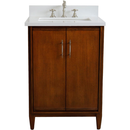 25" Single sink vanity in Walnut finish with White engineered stone and rectangle sink