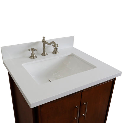 25" Single sink vanity in Walnut finish with White engineered stone and rectangle sink