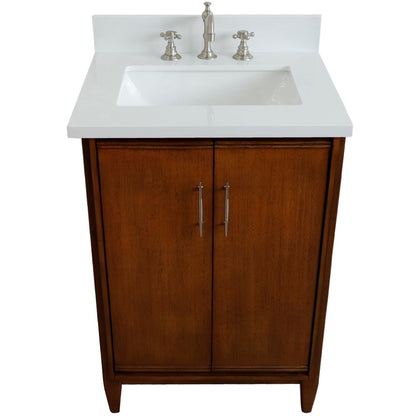 25" Single sink vanity in Walnut finish with White engineered stone and rectangle sink