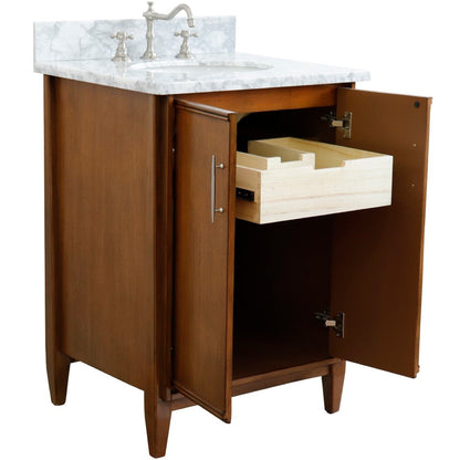 25" Single sink vanity in Walnut finish with White Carrara marble and oval sink