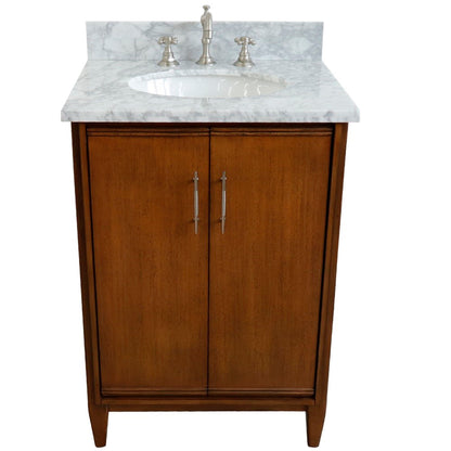 25" Single sink vanity in Walnut finish with White Carrara marble and oval sink