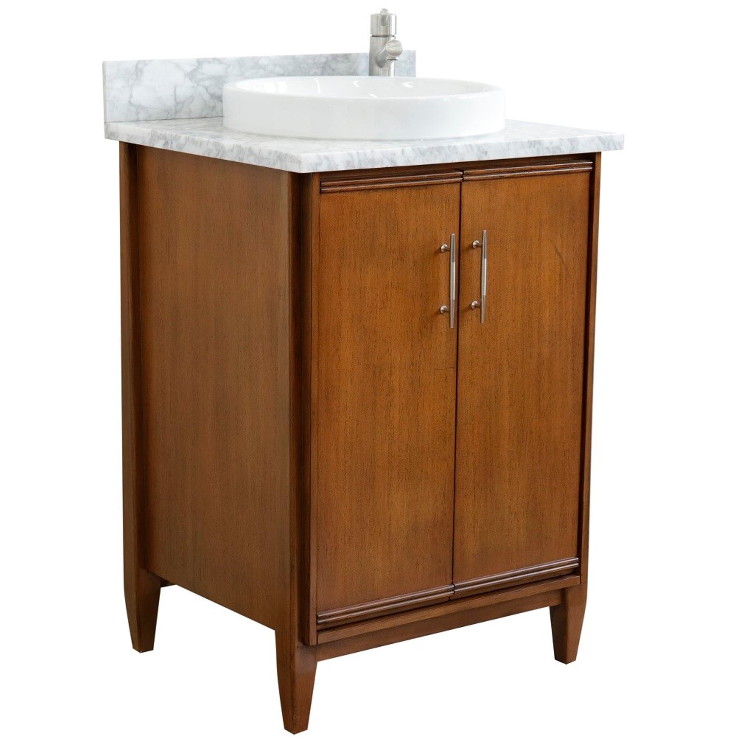 25" Single sink vanity in Walnut finish with White Carrara marble and round sink