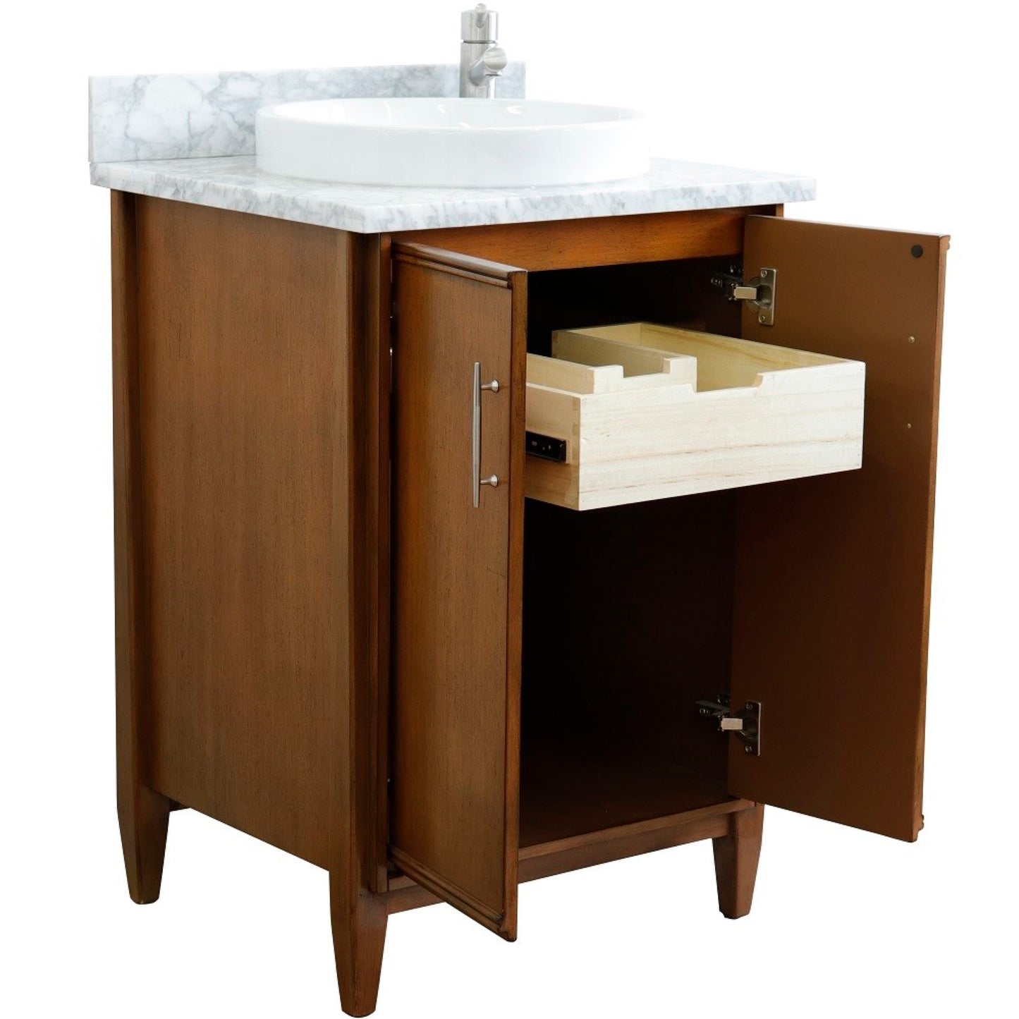 25" Single sink vanity in Walnut finish with White Carrara marble and round sink