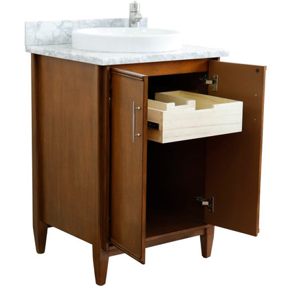 25" Single sink vanity in Walnut finish with White Carrara marble and round sink