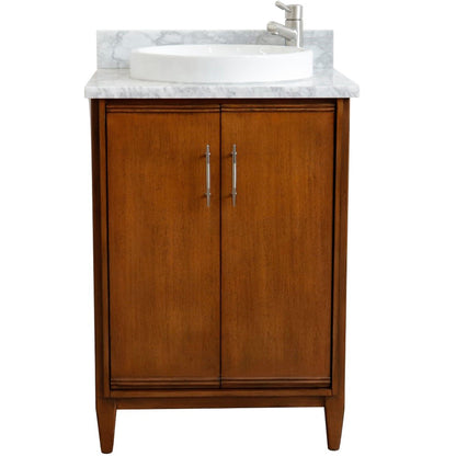 25" Single sink vanity in Walnut finish with White Carrara marble and round sink