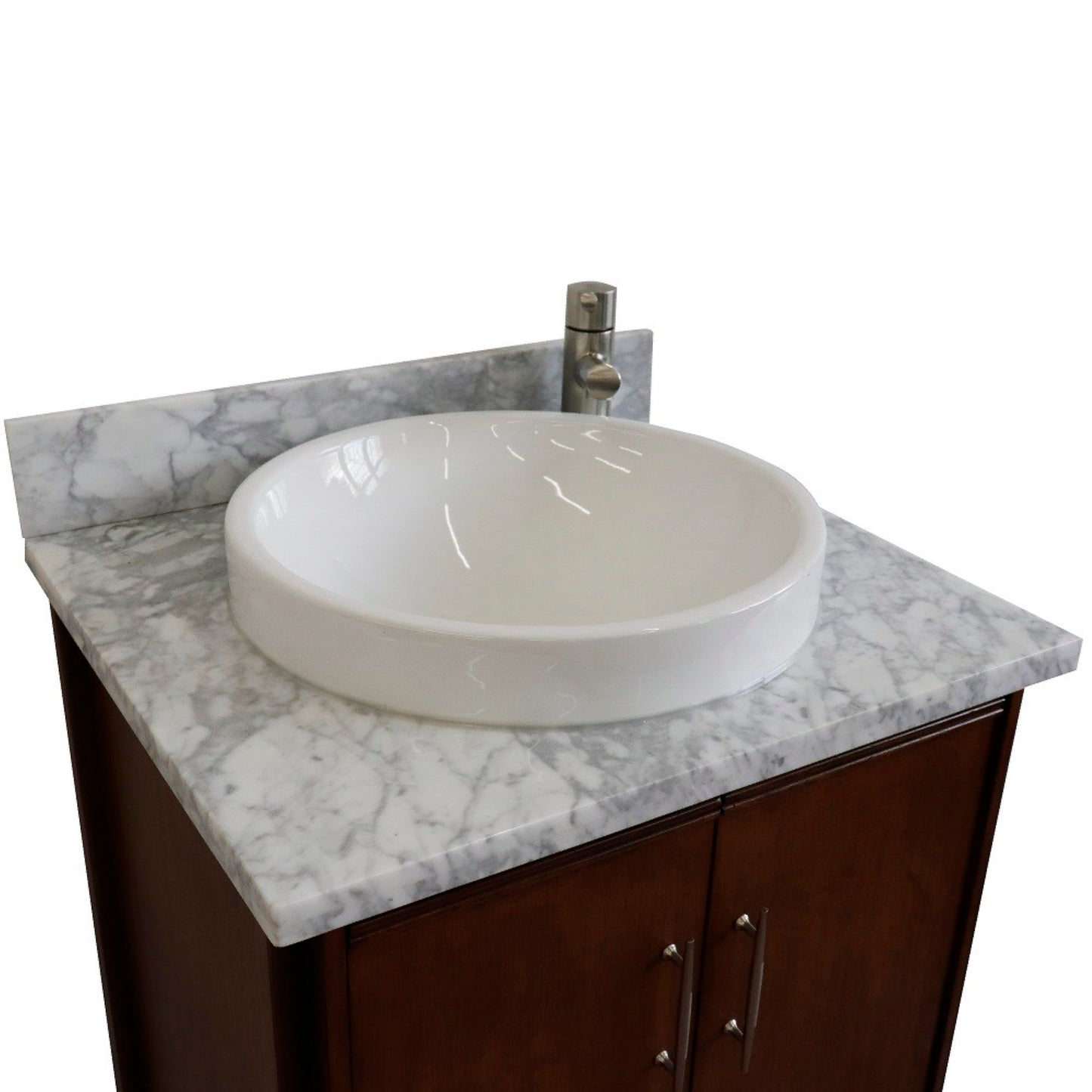 25" Single sink vanity in Walnut finish with White Carrara marble and round sink
