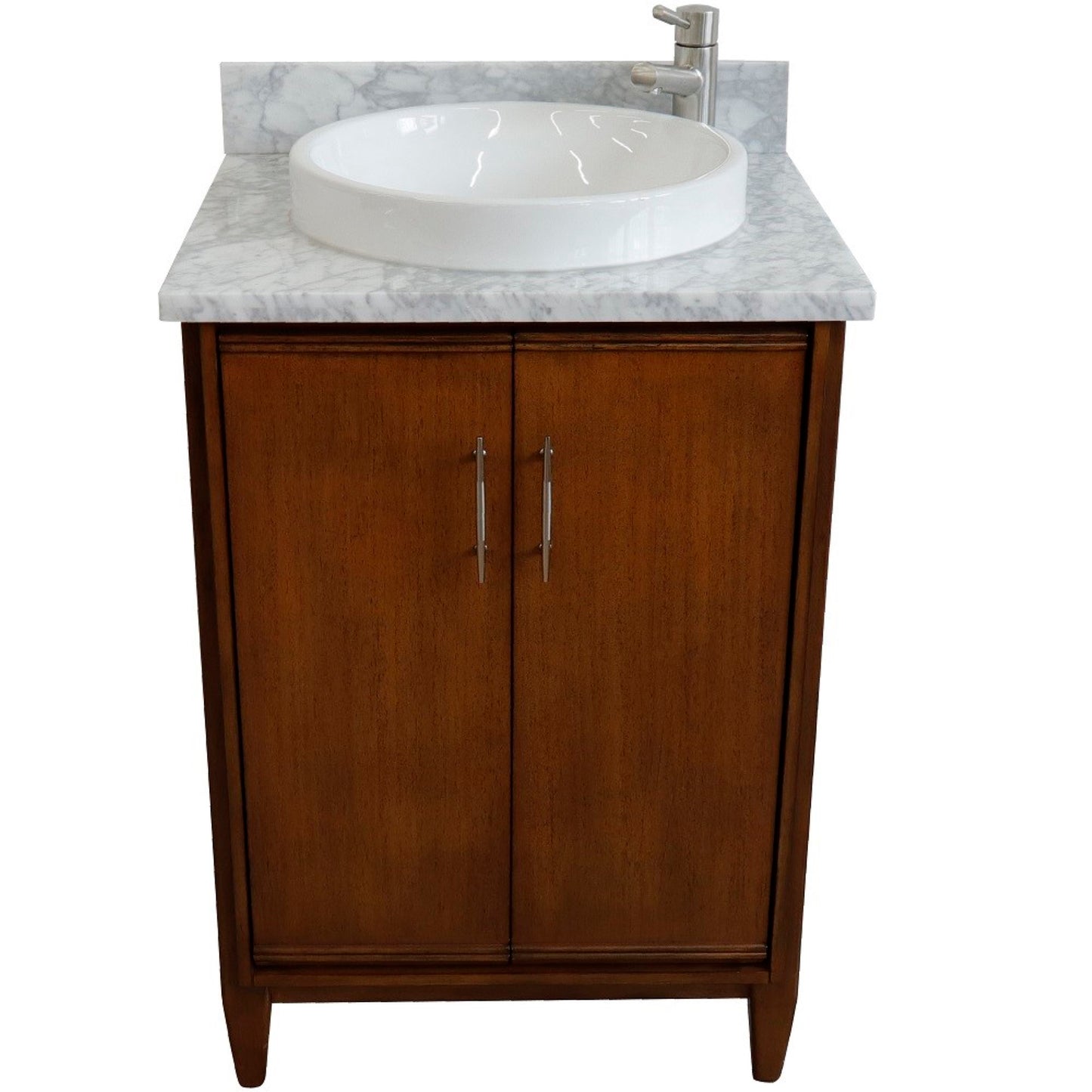 25" Single sink vanity in Walnut finish with White Carrara marble and round sink