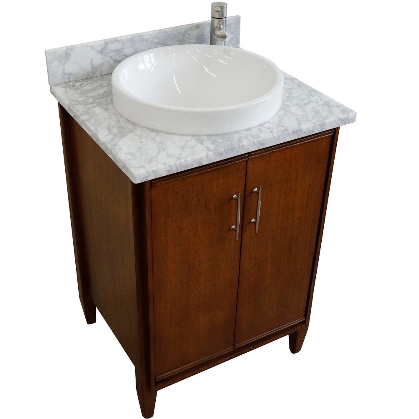25" Single sink vanity in Walnut finish with White Carrara marble and round sink