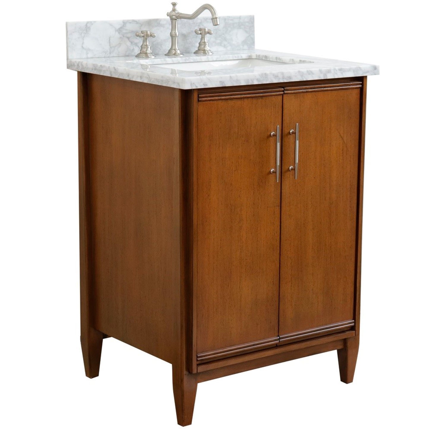 25" Single sink vanity in Walnut finish with White Carrara marble and rectangle sink