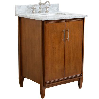 25" Single sink vanity in Walnut finish with White Carrara marble and rectangle sink