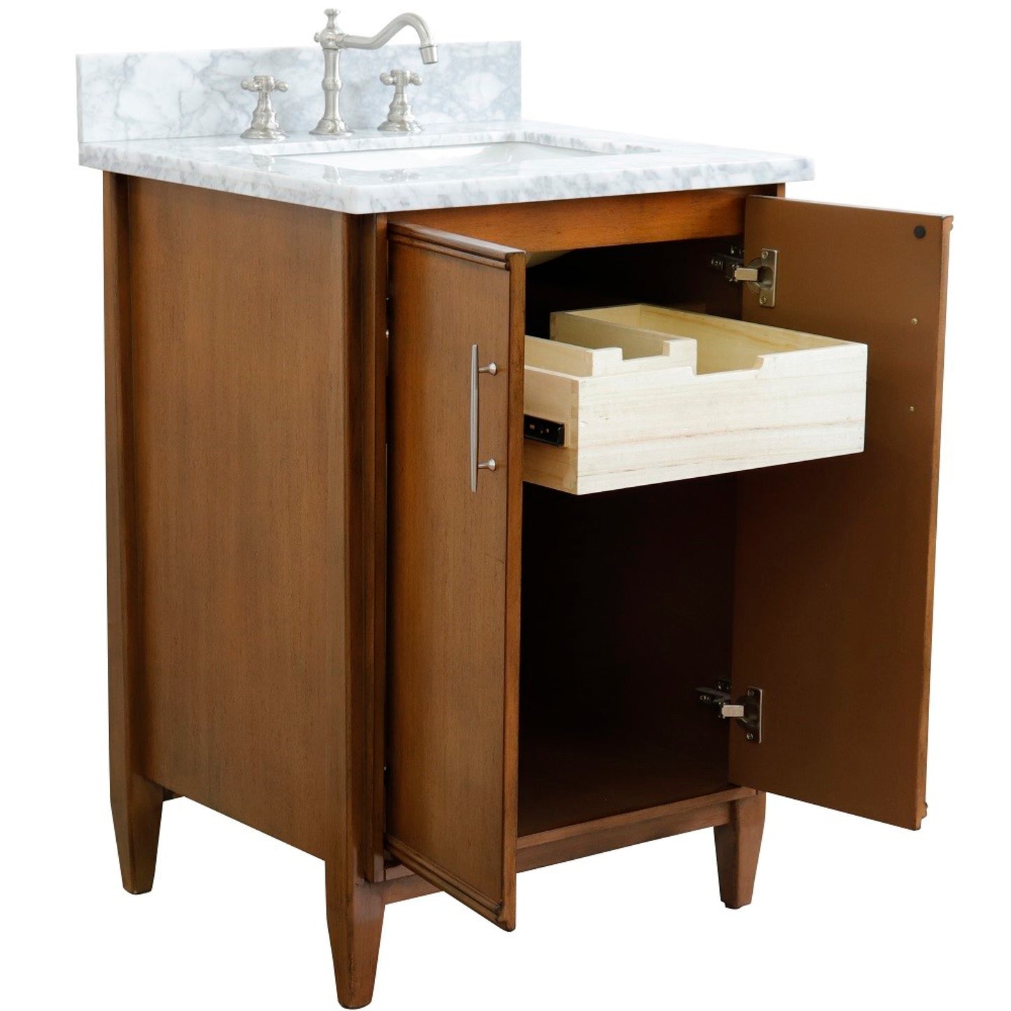 25" Single sink vanity in Walnut finish with White Carrara marble and rectangle sink