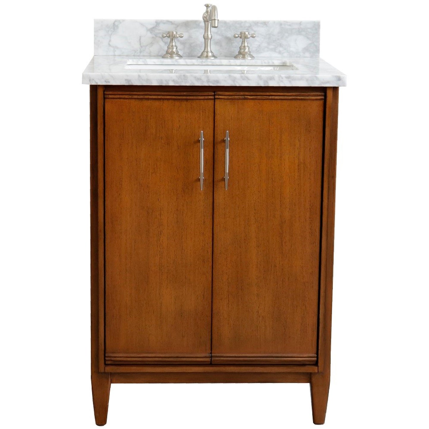 25" Single sink vanity in Walnut finish with White Carrara marble and rectangle sink