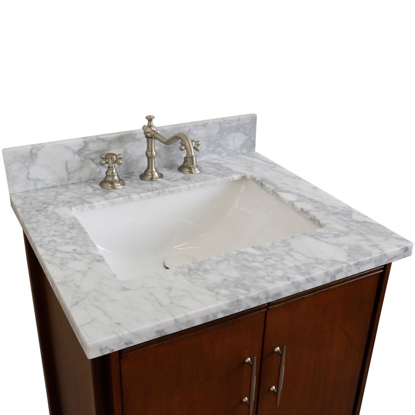 25" Single sink vanity in Walnut finish with White Carrara marble and rectangle sink
