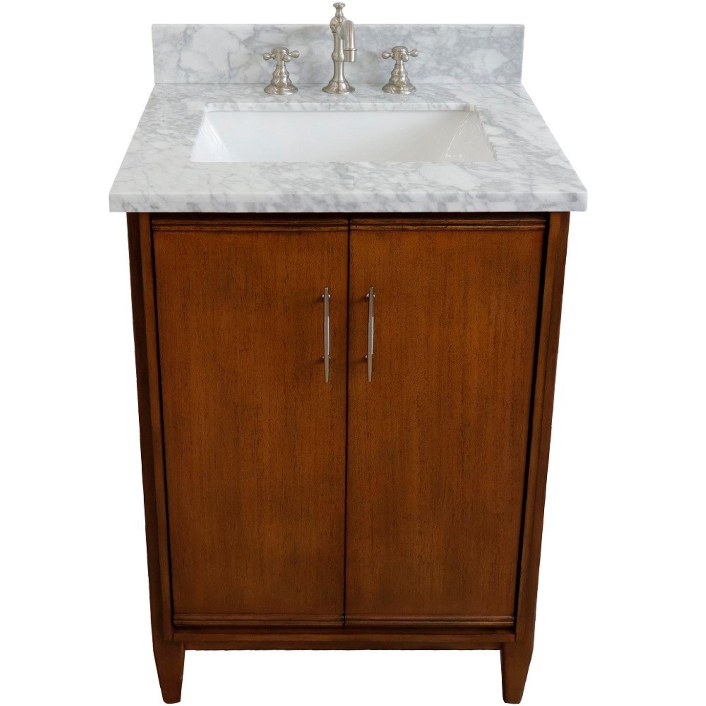 25" Single sink vanity in Walnut finish with White Carrara marble and rectangle sink