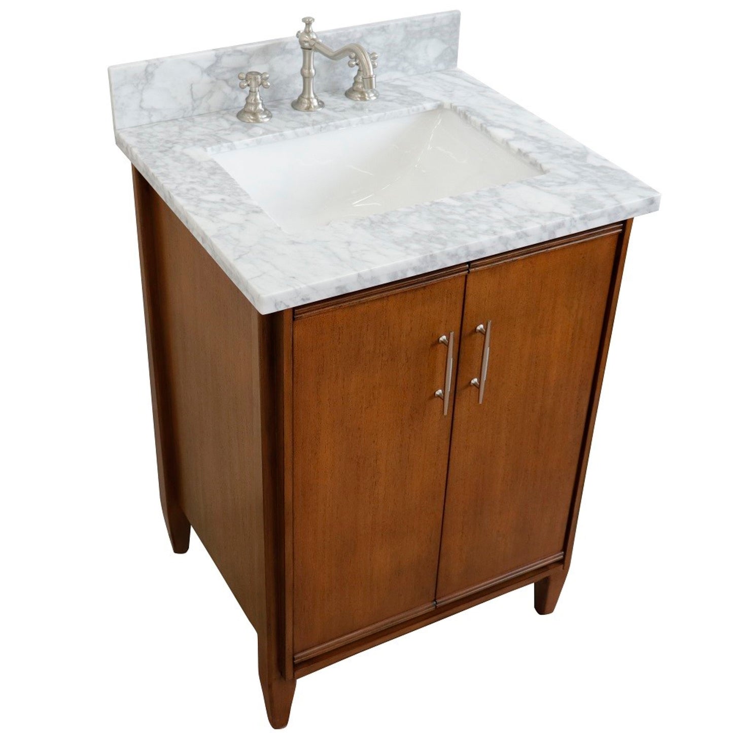 25" Single sink vanity in Walnut finish with White Carrara marble and rectangle sink