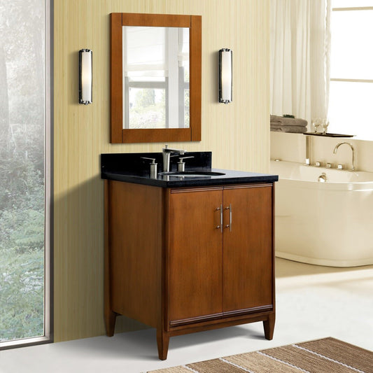 31" Single sink vanity in Walnut finish with Black galaxy granite with oval sink