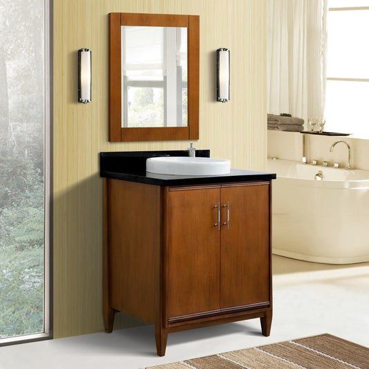 31" Single sink vanity in Walnut finish with Black galaxy granite with round sink
