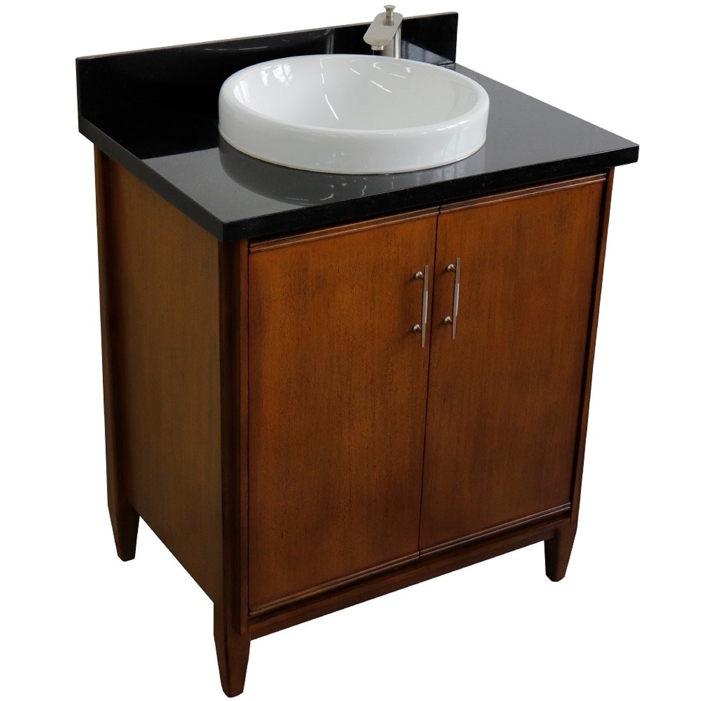 31" Single sink vanity in Walnut finish with Black galaxy granite with round sink