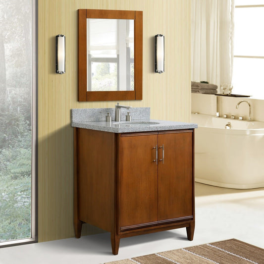 31" Single sink vanity in Walnut finish with Gray granite with oval sink