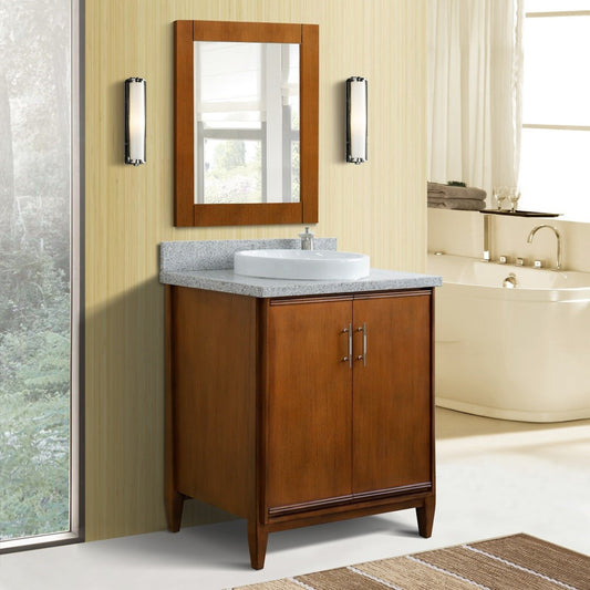 31" Single sink vanity in Walnut finish with Gray granite with round sink