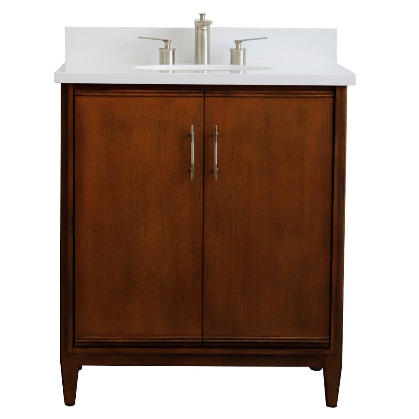 31" Single sink vanity in Walnut finish with White engineered stone with oval sink