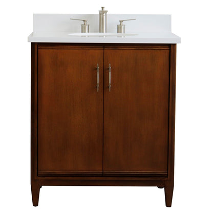 31" Single sink vanity in Walnut finish with White engineered stone with oval sink