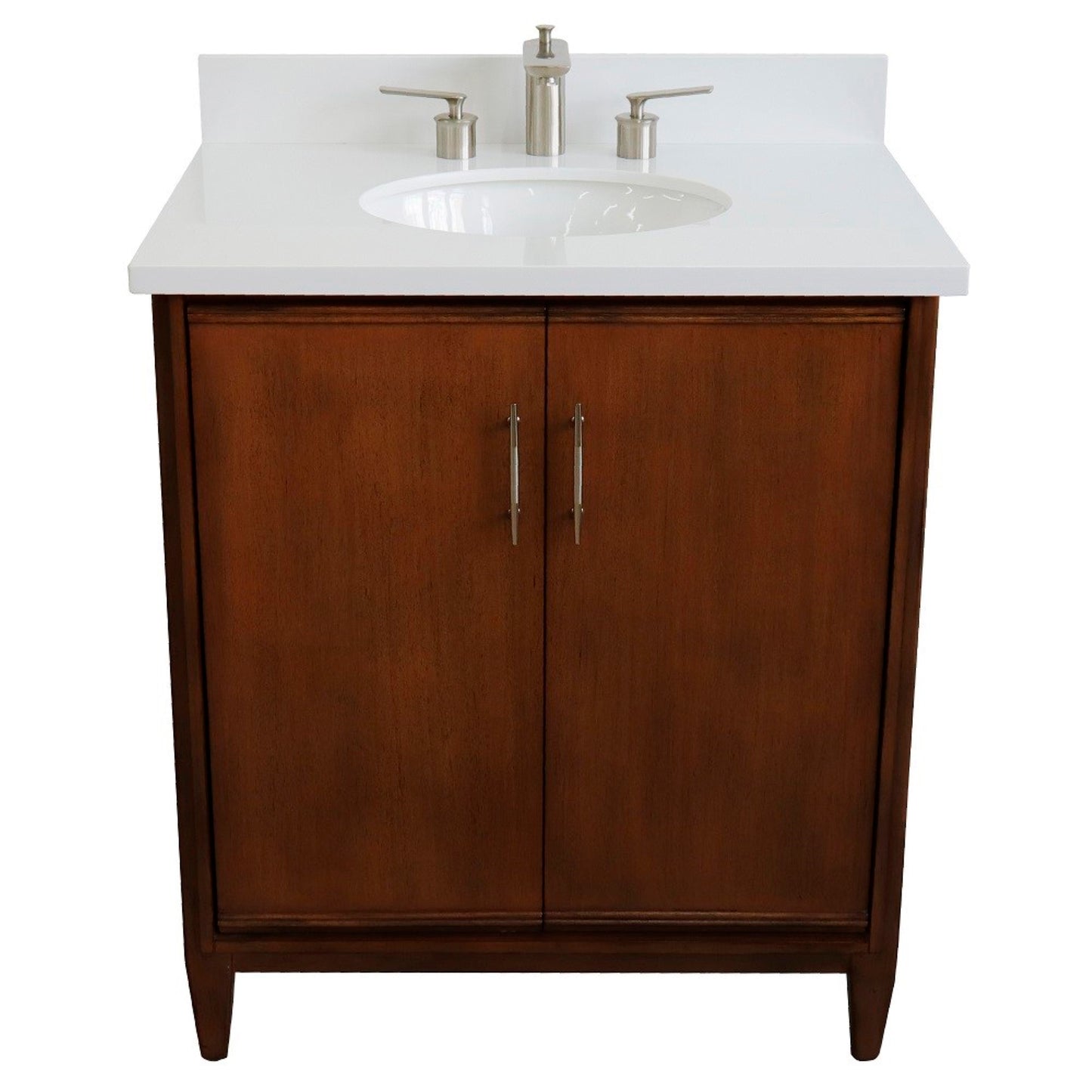 31" Single sink vanity in Walnut finish with White engineered stone with oval sink