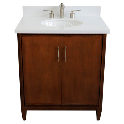 31" Single sink vanity in Walnut finish with White engineered stone with oval sink