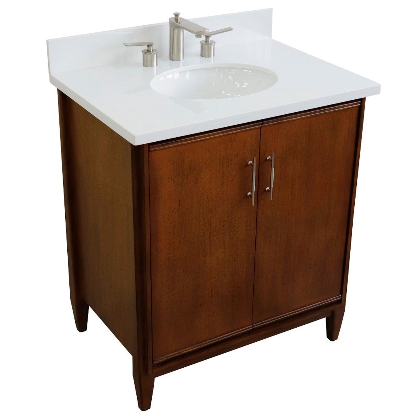 31" Single sink vanity in Walnut finish with White engineered stone with oval sink