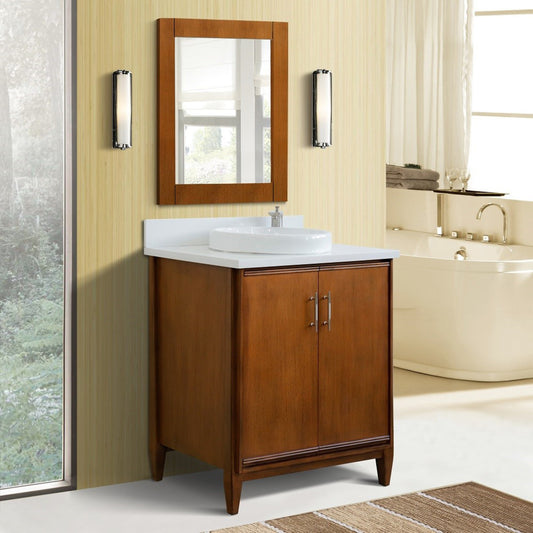 31" Single sink vanity in Walnut finish with White engineered stone with round sink