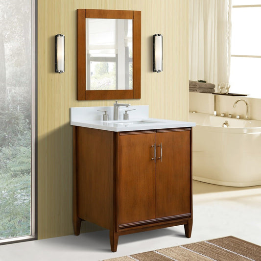 31" Single sink vanity in Walnut finish with White engineered stone with rectangle sink