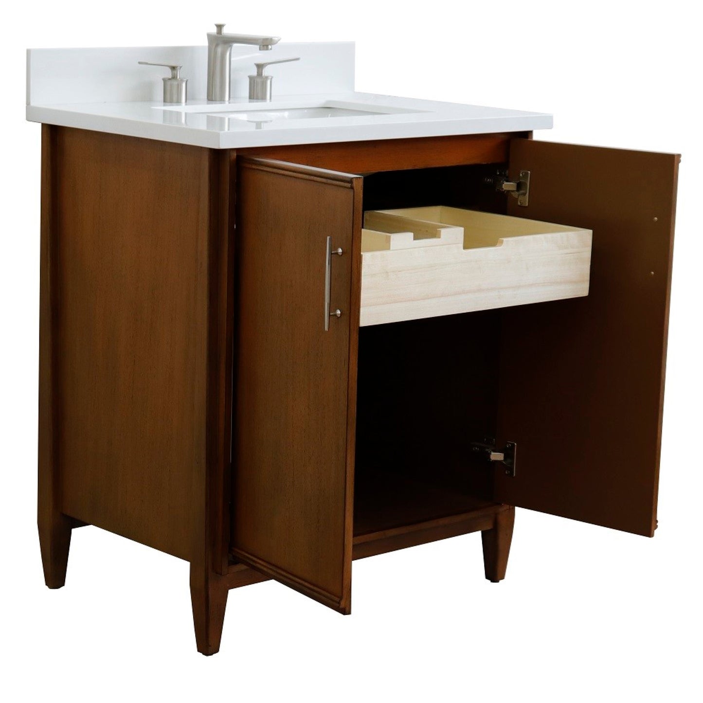 31" Single sink vanity in Walnut finish with White engineered stone with rectangle sink