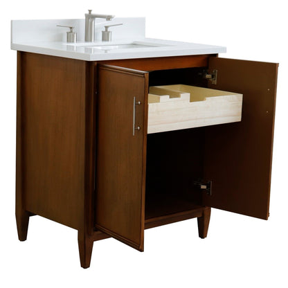 31" Single sink vanity in Walnut finish with White engineered stone with rectangle sink