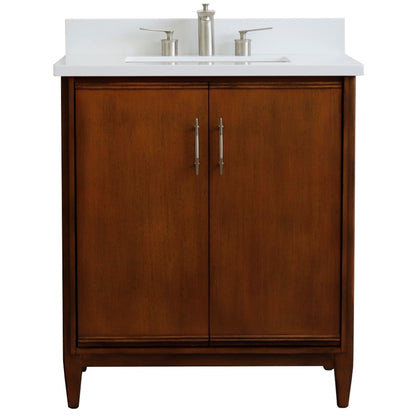 31" Single sink vanity in Walnut finish with White engineered stone with rectangle sink