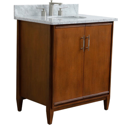 31" Single sink vanity in Walnut finish with White Carrara marble with oval sink
